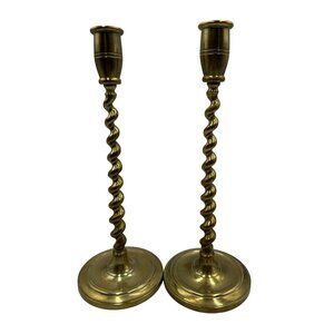 Antique Pair Of Brass Spiral Candlesticks 10-Inch Tall Large Base Vintage Design